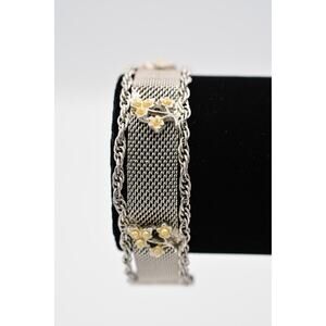 Goldette Vintage Bracelet Mesh Chain Pearl Floral Silver Tone Chunky Signed Bin5